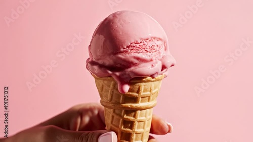 Melting scoop of delicious vanilla ice cream beneath a waffle cone on a soft pink background