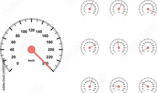 Automotive speedometer vector set with 10 icons, car dashboard speed gauge collection, vehicle tachometer dials with red needles and km/h scale