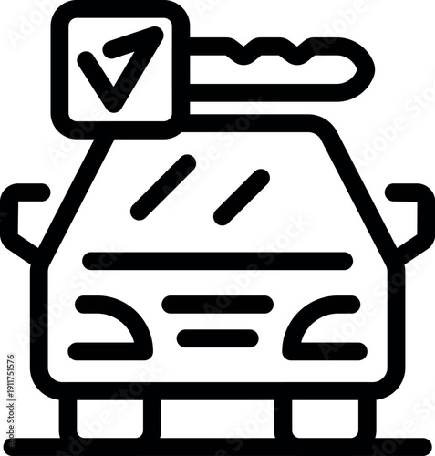 Simple icon representing a car sharing service, featuring a key with a checkmark symbolizing an approved vehicle ready for rent