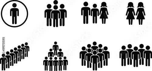 People group icon set showing crowd, team, community and population symbols isolated on white background for social network and business concept
