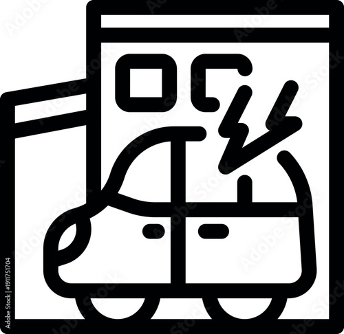 Simple black and white icon of an electric car charging, symbolizing eco friendly transportation and sustainable energy