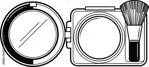 Makeup Powder Compact with Mirror and Beauty Brush Icon for Cosmetics Packaging Fashion Salon Design and Daily Skin Care Routine, cad drawing flat vector illustration