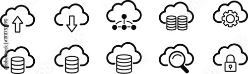 Cloud computing storage and security outline icon set with upload download database search settings lock vector symbols collection