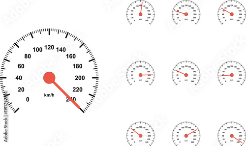 A set of eight speedometer gauges with red needles on white background, isolated on transparent background