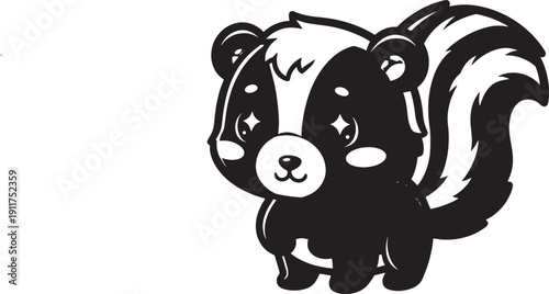 Kawaii cartoon skunk with sparkling eyes: cute black-and-white graphic illustration