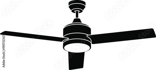 Black ceiling fan with three blades and light fixture, modern home decor vector illustration