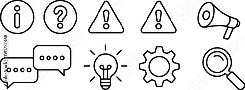 Information help warning and communication outline icon set with question alert megaphone chat lightbulb gear search vector symbols