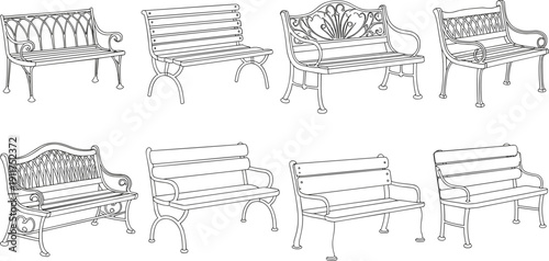 Hand drawn vintage park bench collection line art black and white outdoor furniture illustration isolated vector set design elements classic