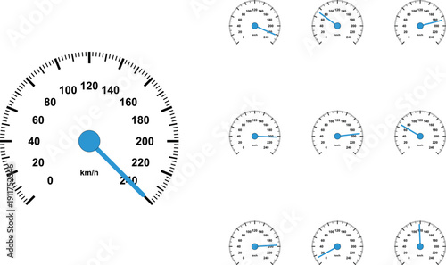 Set of speedometer gauges with varying speed readings isolated on transparent background