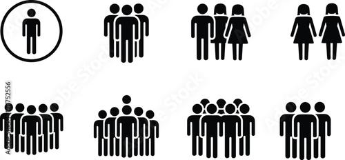 People group icons set with male and female figures, crowd silhouettes and user symbols isolated on white background for community concept