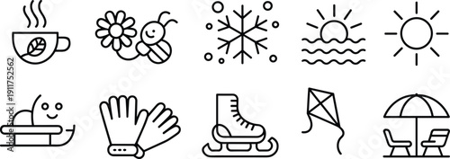 Seasonal weather and outdoor activity outline icon set with sun snowflake flower beach kite gloves sled vector symbols