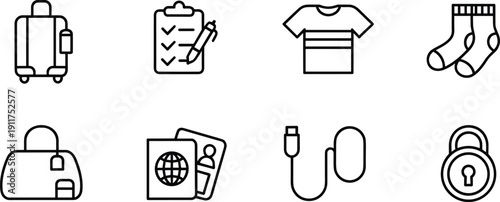 Travel and personal belongings outline icon set with suitcase checklist t-shirt socks handbag passport mouse lock minimal vector symbols collection design