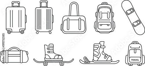 Travel luggage and winter sport equipment outline icon set with suitcase backpack snowboard boots sled duffel bag vector symbols