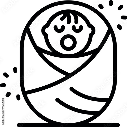 Peaceful newborn baby sleeping soundly, wrapped in a soft blanket, depicted in a minimalist icon style perfect for various design projects