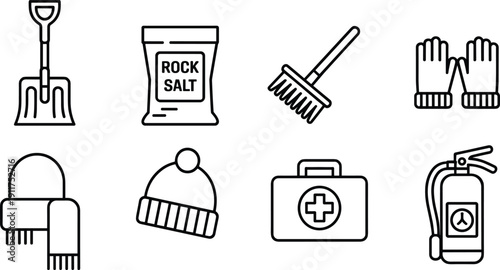 Winter safety and snow removal tools icon set including shovel, rock salt, rake, gloves, scarf, hat, first aid kit, fire extinguisher