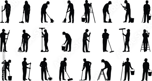 Janitor and cleaner silhouettes set with mopping, sweeping, bucket and ladder work isolated on white background, maintenance staff