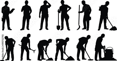 Labor worker silhouettes digging, cleaning and handling tools isolated on white background, construction and maintenance profession set