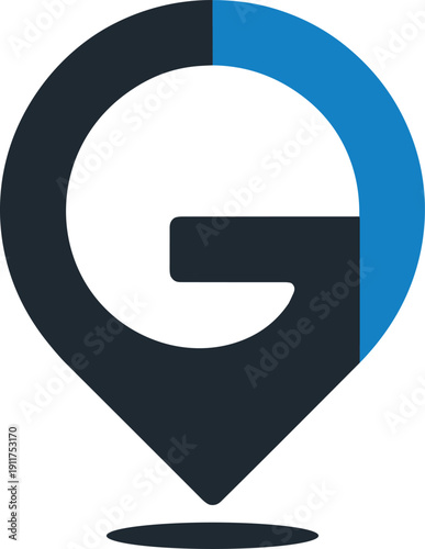 Location pin G logo design, navigation branding graphic, map marker icon, geolocation symbol, modern identity, digital mapping concept, travel service motif