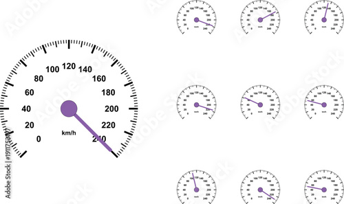 Vector set of speedometer gauges with purple needles on white background