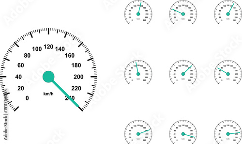 Speedometer icon collection. Includes 9 speedometer gauges with varying needle positions. Created in vector style with black and teal color palette.