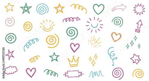 Colorful doodle icons including stars, hearts, and spirals in pink, yellow, green, and blue on white background