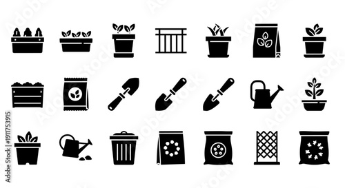 Collection of black gardening icons on a white background, featuring various tools and plants in a grid layout