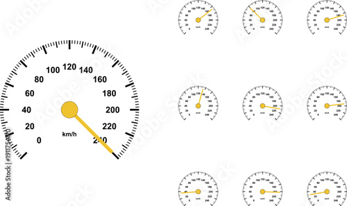 Speedometer icon collection. Includes speedometer, gauge, dashboard, tachometer, and odometer symbols. Created in modern style with black and yellow palette.