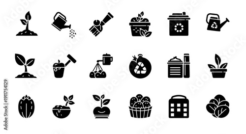 Collection of black icons representing various gardening and recycling elements arranged in a grid pattern on a plain background, viewed from directly above