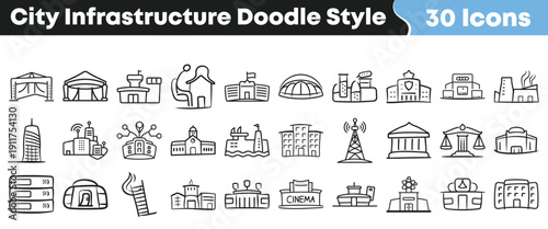 Collection of thirty unique city infrastructure building icons presented in a charming hand drawn doodle style perfect for design projects