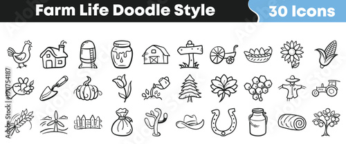 Collection of thirty charming doodle style icons representing various elements of rustic farm life and agricultural activities for design projects.