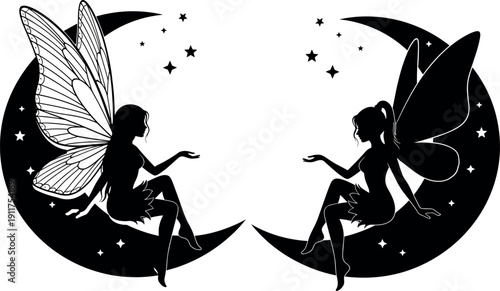 Black silhouettes of two beautiful fairies sitting on crescent moons with stars, fantasy mythical creature illustration isolated on white background,