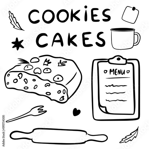 Hand Drawn Bakery Doodle with Ciabatta Menu Rolling Pin and Cookies Cake Lettering
