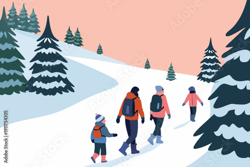 Family hiking through a snowy forest landscape during winter season