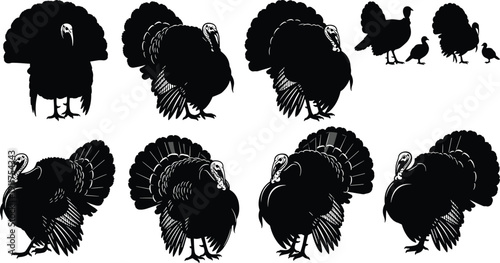 Large collection of black turkey silhouettes in various poses including standing, walking, and displaying feathers for Thanksgiving, farm life, and autumn nature projects.