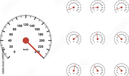 Speedometer icon collection. Includes speedometer, gauge, dashboard, speed, and tachometer symbols. Created in vector style with black and red palette.