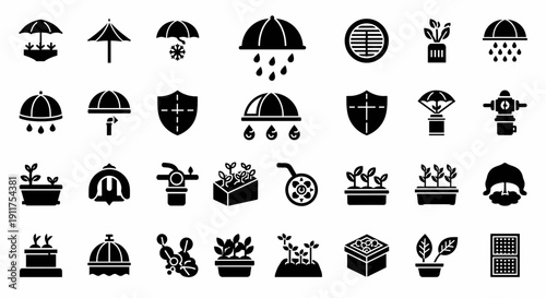 Collection of black icons representing various objects and concepts, including umbrellas, plants, and abstract symbols, displayed on a plain background in a grid layout, viewed from directly above.