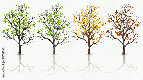 Four trees representing the changing seasons with reflections