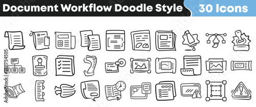 Collection of thirty hand drawn doodle style icons representing various aspects of document workflow creation editing and management processes