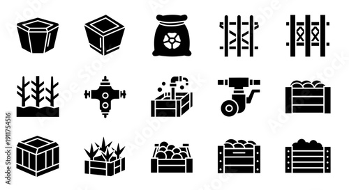 Collection of industrial icons representing recycling and waste management processes in a modern setting