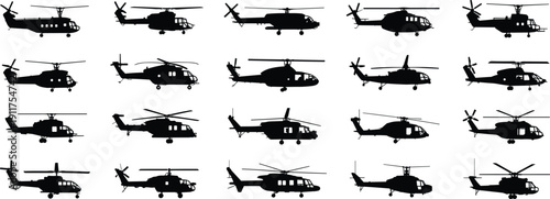 Helicopter silhouette icon illustration set, aviation aircraft artwork, rotorcraft vector design, military transport graphic pack, black and white sketch collection