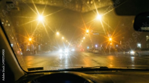 Night driving with intense headlight glare and street lights