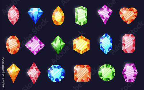 Gemstones and crystals. Crystal stone for game, magic gemstones, treasure, royal glitter. Fantasy jewelry gems.