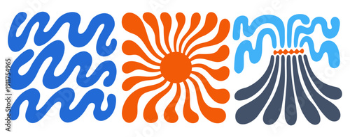 Volcano, waves and sun illustrations set. Psychedelic, groovy wavy lines, flowing shapes. Simple graphic color illustration isolated on white background.