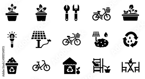 Collection of eco-friendly icons representing sustainability and green living concepts in a simple, monochromatic illustration style