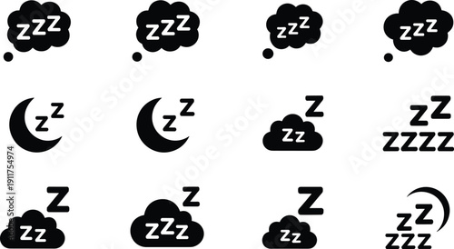 Sleep icons set with zzz symbols, dreaming cloud, night moon sign, bedtime concept silhouette collection for relaxation, insomnia, rest, and sleeping time illustration