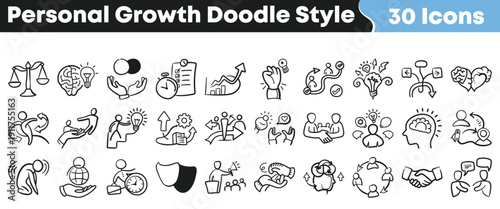A collection of thirty black and white doodle style icons representing various concepts related to personal growth and development