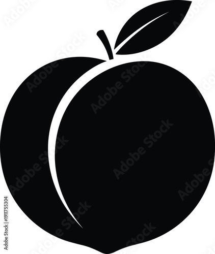 Black Peach Fruit Silhouette Featuring Single Sweet Peach with Stem and Leaf Design for Food Packaging and Healthy Organic Lifestyle, cad drawing flat vector illustration