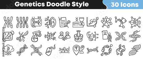 Collection of thirty unique hand drawn style black and white icons representing various essential concepts within the field of genetics and biology