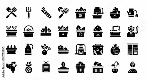 Collection of Various Kitchen Utensils and Icons in Black and White Illustrations