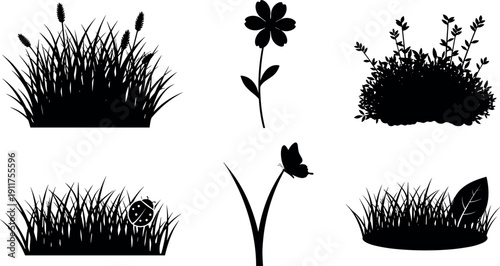 Collection of black garden grass silhouettes with flowers, ladybug, and butterfly, cad drawing flat vector illustration for architectural site plans.